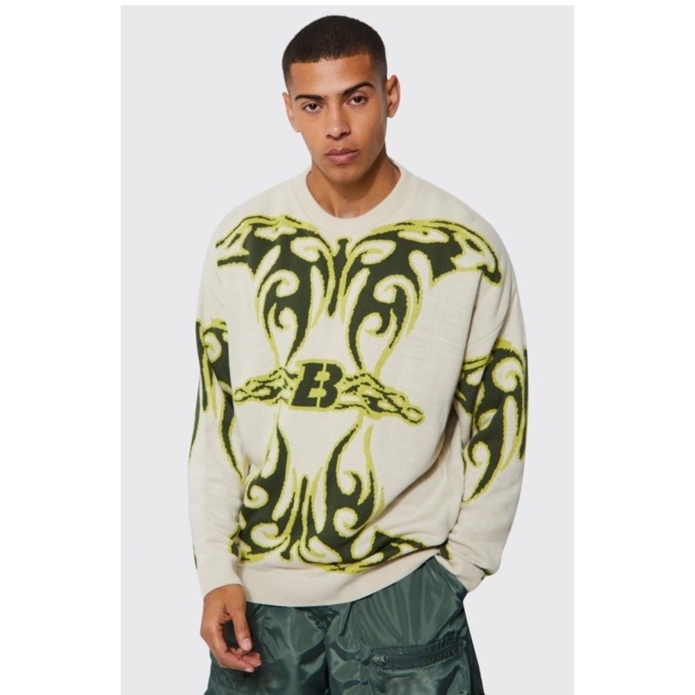 boohoo MAN Oversized Knit Sweater Medium Moto‎ Butterfly Green Yellow Pullover